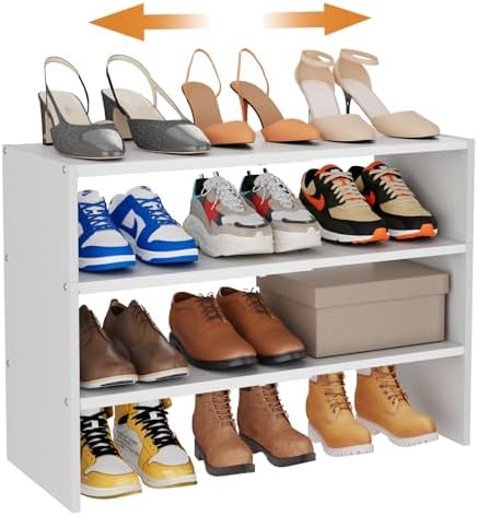 3-Tier Expandable White Shoe Rack Organizer for Closet, Stackable Shoe Racks Storage Shelf, Small Metal Wood Combination Shoe Shelves for Closets,Entryway,Front Door, Narrow Space,Hallway,8-16 Pairs by Hencawima
