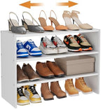3-Tier Expandable White Shoe Rack Organizer for Closet, Stackable Shoe Racks Storage Shelf, Small Metal Wood Combination Shoe Shelves for Closets,Entryway,Front Door, Narrow Space,Hallway,8-16 Pairs by Hencawima