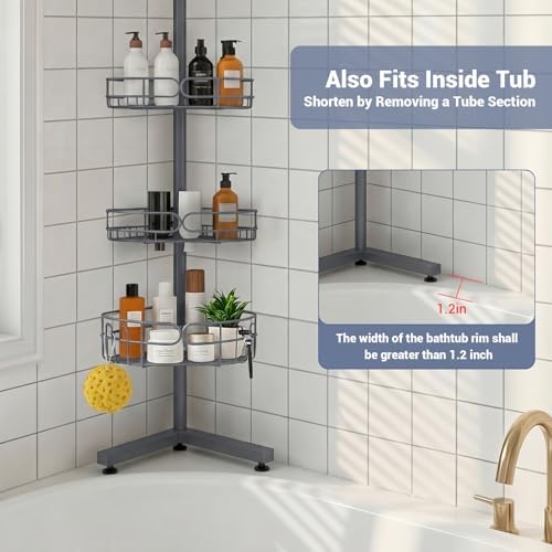 Standing Shower Caddy Corner, 4-Tier Adjustable Height Bathroom Organizer, 6-Section Pole, Sturdy Floor Standing Shelf for Shower – No Drilling, No Spring Tension (Gray) - Image 2