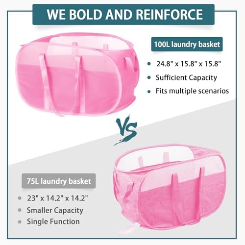 100L Collapsible Laundry Baskets, Tear Proof Pop Up Laundry Hamper with Dual Handles, Large Foldable Laundry Basket, Easy to Carry Laundry Hamper for Home, Laundry Room, Bedroom, Dorm, Travel Pink - Image 4
