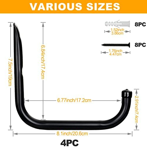 KURUI Wall Hooks for Garage Garden, 4 Pack Water Hose Holder, Large Garage Storage Hanger for Ladder Bike Extension Cord Tool, Wall Mount l Hooks, Black Heavy Duty 8 inch Long Hook - Image 2