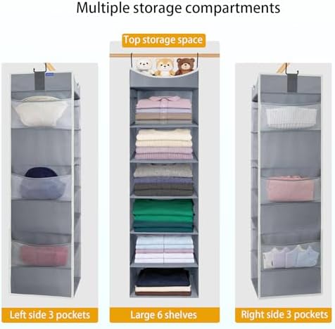 6-Shelf Hanging Closet Organizer and Storage with Side Pockets, Collapsible Closet Hanging Shelves for Storage, Grey - Image 5