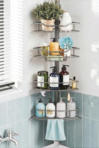 Corner Shower Caddy Tension Pole, 4 Tier Rustproof Shower Tension Rod Organizer, Adjustable 25-125 Inch Bathroom Shower Organizer Shelves for Bathtub Shampoo Storage, Grey by Dimyno