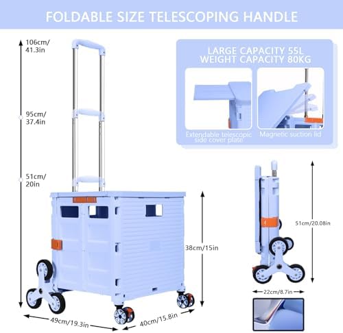 Foldable Utility Cart Folding Portable Rolling Crate with Magnetic Extended Lid,360°Rotate Wheels,176LBS Load Capacity,Heavy Duty Durable Dolly Cart(Blue) - Image 7