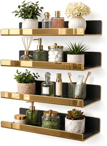 Gold Acrylic Bathroom Shelf Wall Mounted Floating Organizer with Front Lip by CareMoreYJ