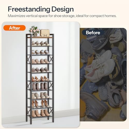 YATINEY 10-Tier Narrow Shoe Rack, Tall Shoe Rack for 10-20 Pairs, Slim Shoe Storage Organizer with Wooden Top, Space Saving, Metal Frame, for Entryway, Rustic Brown and Black SS68BR - Image 4