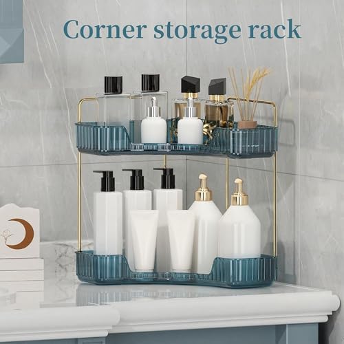 INVSSENE Corner Bathroom Countertop Organizer, Vanity Organizer Trays for Counter, Makeup Organizers, Perfume Tray, Skincare Shelf Storage Gifts for Women Girl Student (Blue, 2 Tiers) - Image 2