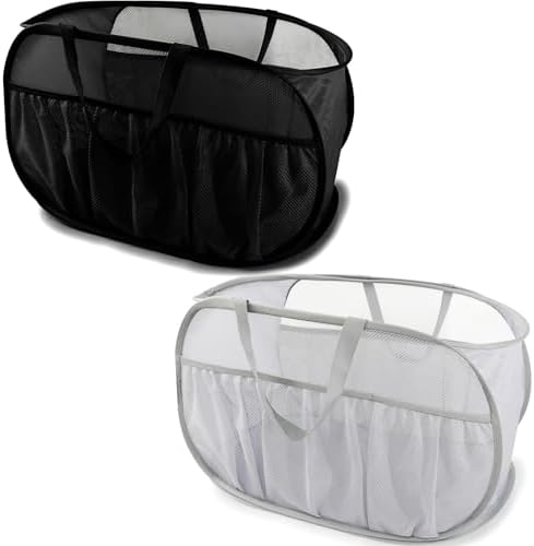 2 Pack Collapsible Laundry Baskets, Upgrade Pop Up Laundry Hamper with Convenient Bags, Foldable Laundry Basket Mesh Light Weight, Easy to Carry Clothes Hampers for Laundry, Dorm, Travel Black+Grey by BATTOO