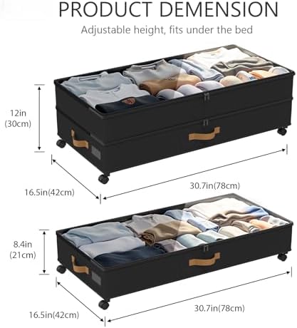 Under Bed Storage with Wheels 2-Pack, 75L XXL Under the Bed Storage Containers Large, 12" Tall Adjustable Storage for Underbed with Lids, Rolling for Clothes, Shoes, Blankets (Black) - Image 2