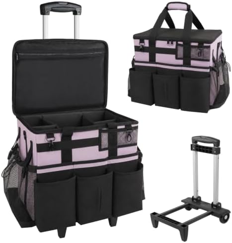 SCAVATA Rolling Cleaning Caddy Bag with Detachable Trolley, Large Cleaning Supplies Organizer with Wheels, Multi-Pocket Cleaning Cart with Adjustable Shoulder Strap for Housekeepers (Lilac) by Tidyyourlife