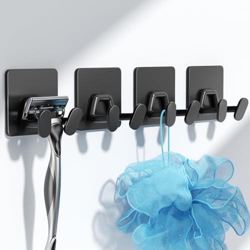 Adhesive Shower Hooks for Inside - Extra Sticky Stainless, Razor Holder Shower Accessories, Wall Mounted Self-Adhesive Double Hooks for Razor, Loofah, Towel, Shaver, Coat, Key, Matt Black, 4-Pack by susswiff