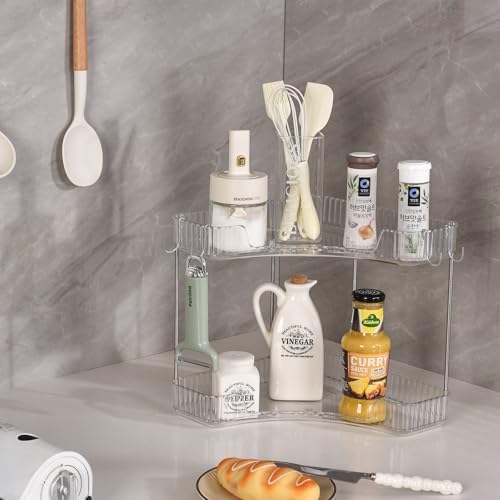 2-Tier Corner Bathroom Organizer Countertop with Hooks, for Makeup/Skincare - Image 4