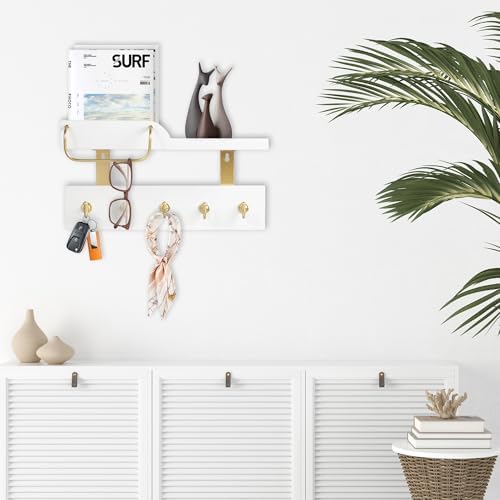 Tirzah Key Holder Wall Mount 2-Tier Real Wood White Entryway Organizer Floating Shelf with 5 Gold Metal Hooks, Sunglasses Holder Bar, Guard Rail for Keys, Mails, Hats (14" × 6" × 4") - Image 2