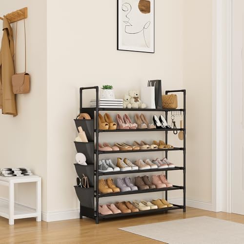 LANTEFUL 6 Tier Shoe Rack, Shoe Organizer Storage for 24-30 Pairs Shoe and Boot, Long Shoe Shelf with Hook and Side Pocket Free Standing Tall Shoe Rack Organizer for Closet, Entryway, Dorm - Image 2