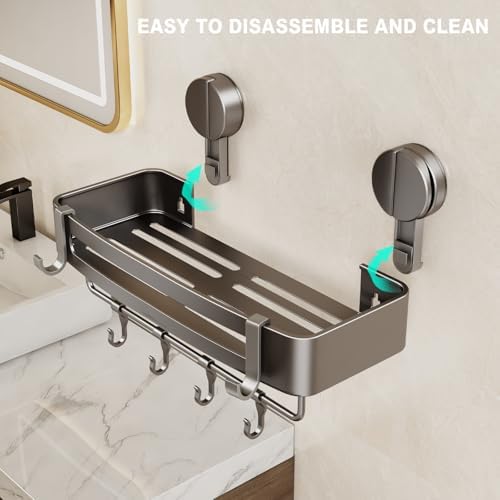 VOLPONE Shower Caddy Suction Cup, 1 Pack Corner Shower Shelves No Drilling, Showers Organizer Storage with Towel Bar & Removable Hooks, Bathroom Shower Shelf Rack for Inside Showers - Image 5