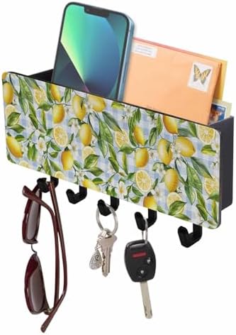 Lemon Key Holder Wall Mount,Country Yellow Fruit Blue Plaid Green Leaf Black Hanging Mail Organizer with 5 Key Hooks Wall Decorative,Adhesive Key Rack with Shelf for Hallway Kitchen Entryway Decor by Unknown