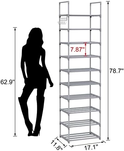 10 Tiers Tall Shoe Rack Narrow 20-24 Pairs Shoe Rack for Closet Entryway Vertical Metal Shoe Rack Organizer Shoe and Boots Organizer Storage Sturdy Shoe Shelf Shoe Stand Gray - Image 3