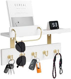 Tirzah Key Holder Wall Mount 2-Tier Real Wood White Entryway Organizer Floating Shelf with 5 Gold Metal Hooks, Sunglasses Holder Bar, Guard Rail for Keys, Mails, Hats (14" × 6" × 4") by Tirzah