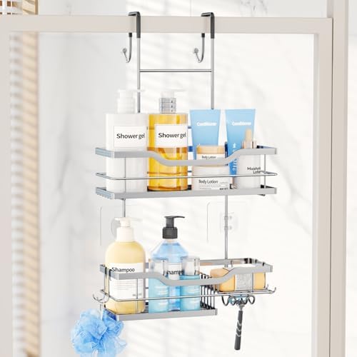 Consumest Over Door Shower Caddy - 2 Tier Shower Shelves Hanging with Soap Holders, Large Capacity Shower Organizer with 4 Hooks, Bathroom Rack and Storage, Silver by Consumest