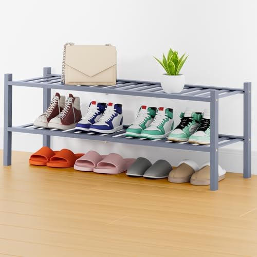 Smiry Bamboo Shoe Rack, 16 Vertical Slats, 2 Tier - 33.7" Wide, Grey by Smiry