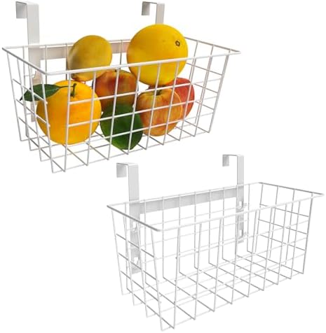 MaraFansie Basket with Hook, Grid Storage Basket, Over the Cabinet Door Organizer, Wire Hanging Basket with Hook Over the Railing, Under Sink Kitchen Cabinet, Pantry, Bathroom, White, 2 Pack by MakeStorageMoreFun