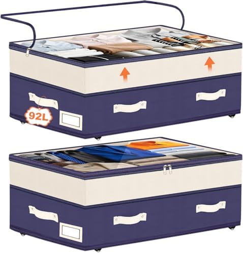 Dolicer 2 Pack Under Bed Storage with Wheels, 6in-10in Height Adjustable Underbed Storage Containers, 92L XXXL Under Bed Drawers Rolling Bin with Clear Lids for Dorm Shoes Clothes Organizers(Blue) by DolicerLANDSCAPEQ