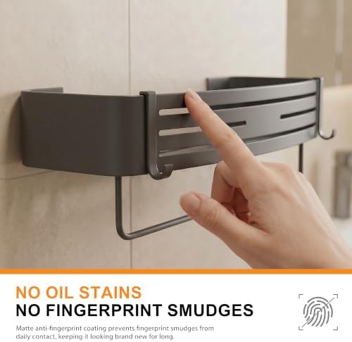 Gun Grey Adhesive Square Shower Caddy with Towel Bar, Soap Dish and Hooks - Image 7