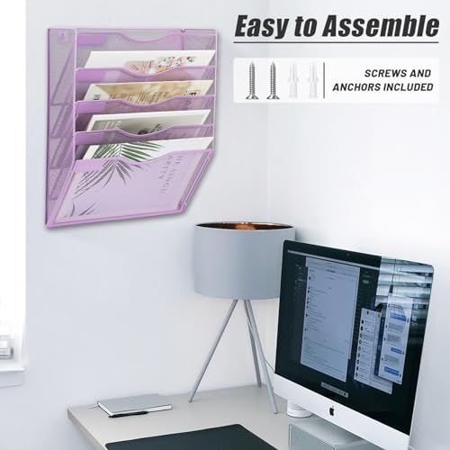 EASEPRES 5 Pocket Mesh Hanging Wall File Organizer, Wall Mounted Mail Paper Document Folder Holder, Clipboard Storage Organization Magazine Rack with Nametag Label for Office Home School, Light Purple - Image 6