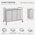 STORAGE MANIAC 3 Section Laundry Sorter, 35.6 Gal (135 L) Laundry Hamper Cart with Heavy Duty Rolling Lockable Wheels and Removable Bags, Clothes Organizer Basket Separator Hamper, Gray - Image 4