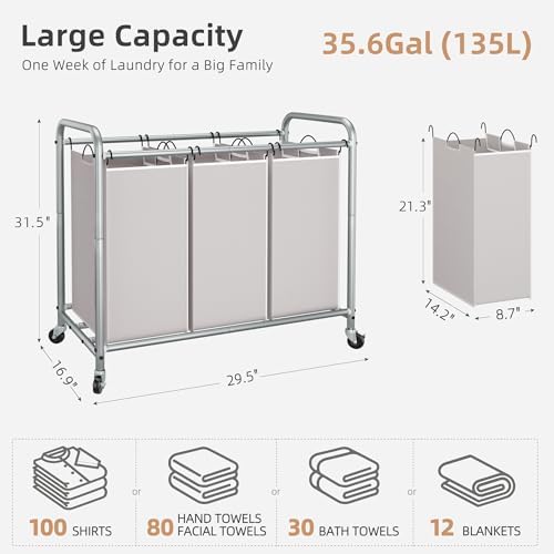 STORAGE MANIAC 3 Section Laundry Sorter, 35.6 Gal (135 L) Laundry Hamper Cart with Heavy Duty Rolling Lockable Wheels and Removable Bags, Clothes Organizer Basket Separator Hamper, Gray - Image 4