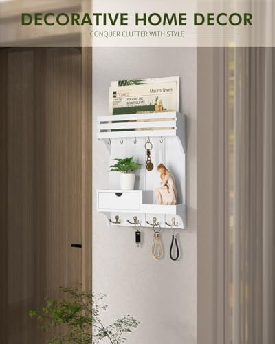 Rebee Vision Key Holder Wall Mount with Drawer & Shelf for Entryway, White - Image 3