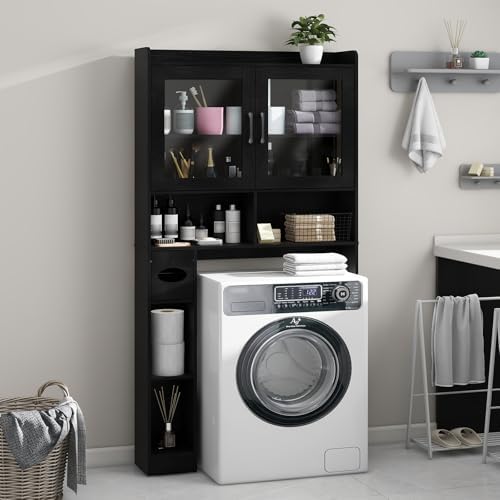 Vabches Over-The-Toilet Storage Cabinet with 2 Acrylic Waves Doors, Black. - Image 4