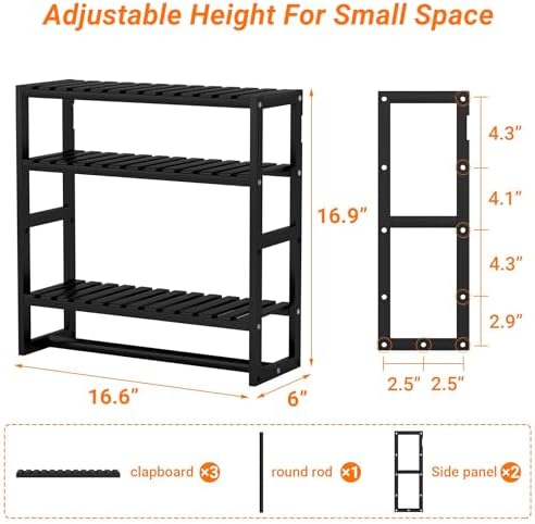 PPN Towel Rack Bathroom Storage Shelves Over The Toilet with Towel Bar 100% Bamboo Adjustable Height Floating Shelf Wall Shower Shelf for Small Space Bathroom Kitchen Multi Usage (Black-1Pack) - Image 7