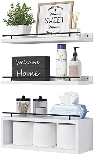 WOPITUES Floating Shelves for Wall with Cube Shelf, Wall Shelves with Metal Rail for Decor, Bathroom Organizers and Storage, Over Toilet Shelves for Bathroom, Toilet Paper-White by WOPITUESOfficial