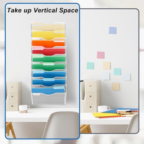EASEPRES 10 Pocket Mesh Hanging Wall File Organizer, Wall Mounted Mail Paper Document Folder Holder, Clipboard Storage Organization Magazine Rack with Nametag Label for Office Home School, White - Image 4