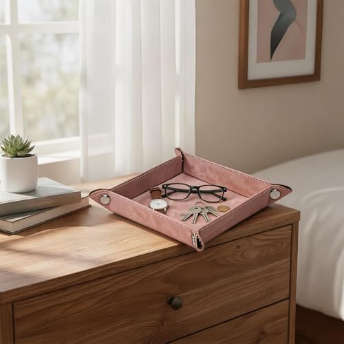 Valet Tray Desktop Storage Organizer – Vegan Leather Catchall Bedside Vanity Tray Nightstand Caddy Holder for Remote Controller, Watch, Keys, Phone, Wallet, Coin, Jewelry, Stone Pink - Image 3