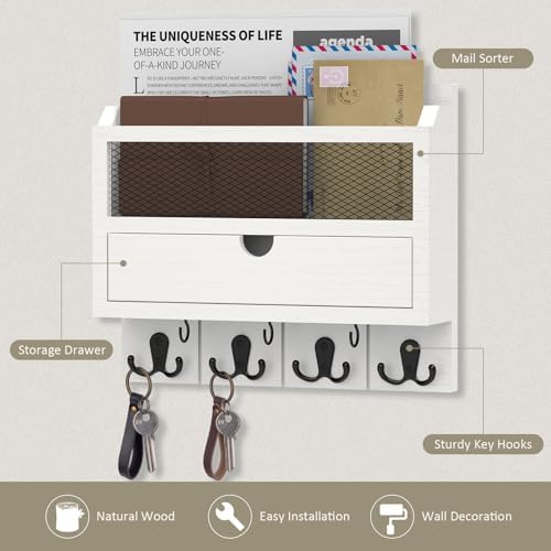 Nekon Mail Organizer with Drawer for Wall, Wooden Key Holder, White - Image 2