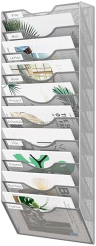 EasyPAG 10 Pocket Mesh Wall File Organizer, Hanging Paper Folder Holder with Classify Label, Vertical Wall Mount Mail Organizer for Office Home Classroom, Silver by EasyPAG