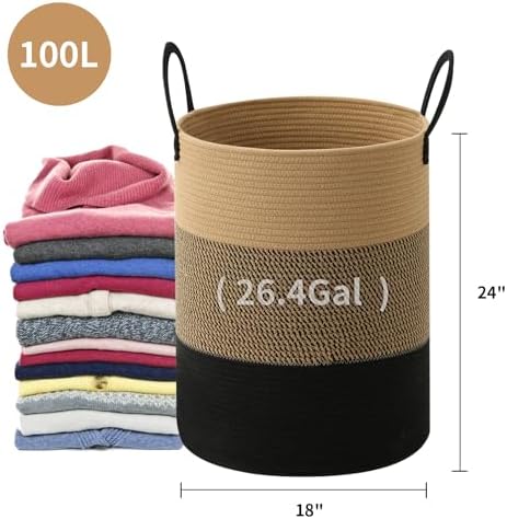 Laundry Basket Hamper Tall Rope Storage Woven for Blanket toys Dirty Clothes in Living Room Bathroom Bedroom (Jute Brown & Black, 100L/26.4Gal) - Image 4