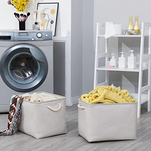 Bidtakay Large Fabric Storage Bins Beige Linen Closet Organizers Set of 2 Baskets for Shelves Clothes Bedroom 16x11.8x11.8 Inch Foldable Organization Baskets for Towels Blankets Storage Dog Toys - Image 2
