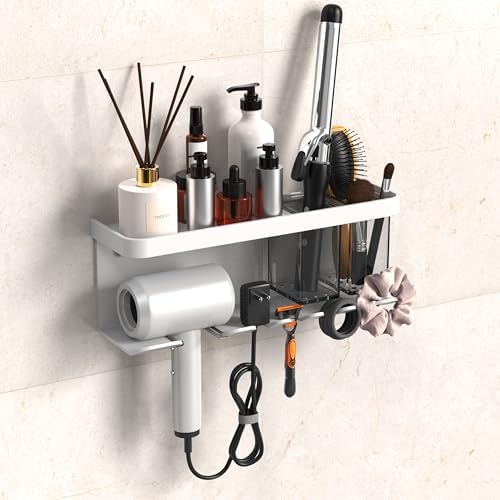 Hair Dryer Holder Wall Mounted Adhesive/Drilling, Hair Dryer Storage Organizer with Shelf & Hooks for Bathroom, Blow Dryer Holder, Hair Tool Organizer (White) by Unknown