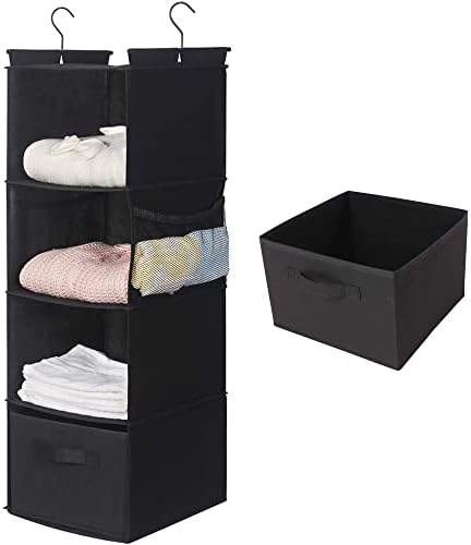 MAX Houser 4-Shelf Hanging Closet Organizer, Space Saver, Cloth Hanging Shelves with 2 Side Pockets, Foldable (Black) | Foldable Fabric Hanging Shelves for Closet, Cloth Hanging Shelves with 2 sturdy hanging hooks, Small Space Saver by MAXHouser