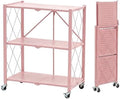 BRIAN & DANY 3-Tier Foldable Storage Shelves with Wheels, No Assembly Folding Shelf Metal Rack, Shelving Unit for Kitchen, Garage, Pink by BRIANDANY