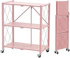 BRIAN & DANY 3-Tier Foldable Storage Shelves with Wheels, No Assembly Folding Shelf Metal Rack, Shelving Unit for Kitchen, Garage, Pink by BRIANDANY