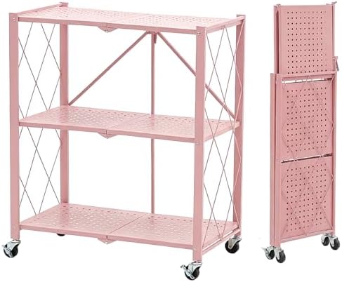BRIAN & DANY 3-Tier Foldable Storage Shelves with Wheels, No Assembly Folding Shelf Metal Rack, Shelving Unit for Kitchen, Garage, Pink by BRIANDANY