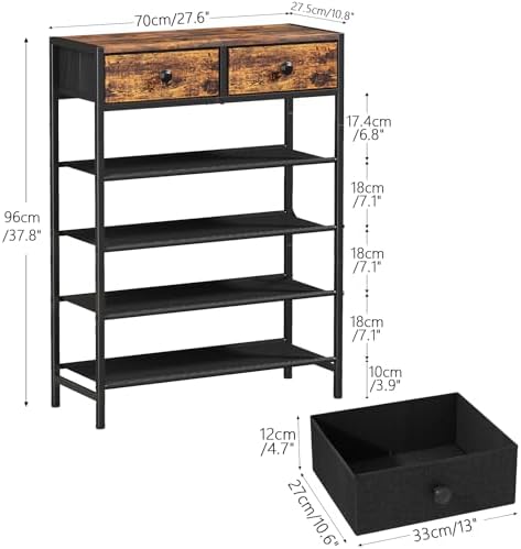 5 Tier Shoe Rack with 2 Drawers, Rustic Brown - Image 3