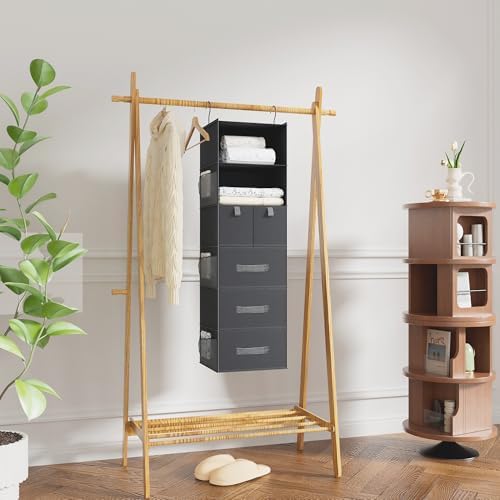 6-Shelf Hanging Closet Organizer with 5 Drawers, Non-Woven, Dark Gray | Spacious compartments sort clothes & undergarments; foldable drawers add hidden storage for closets, wardrobes or RVs. - Image 5