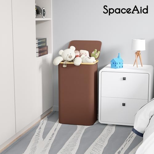 SpaceAid Laundry Hamper with Lid, 110L Large Tall Clothes Basket Bin with Bamboo Handles, Collapsible Laundry Hamper for Bedroom, Bathroom, Dorm, Laundry Room - Brown - Image 3