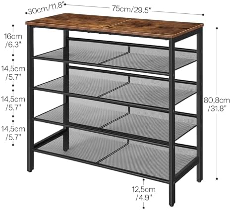 HOOBRO Shoe Rack for Entryway, 5-Tier Shoe Organizer with Adjustable Mesh Shelves, 16-20 Pairs of Shoes, Spacious Floor Mount, Metal, Industrial, Shoe Shelf for Closet, Rustic Brown BF12XJ01 - Image 2