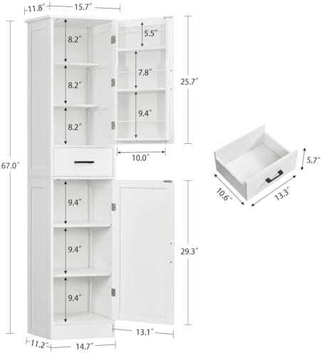 TEENFON Tall Storage Cabinet with 3 Door Shelves & 1 Drawer, Narrow Kitchen Pantry Cabinet for Living Room, Bathroom, Entryway, White - Image 3